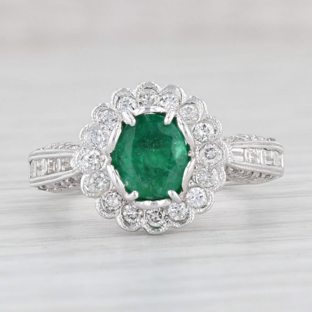 1.12ct Oval Emerald Diamond Halo Engagement Ring — GIA Certified, 18k White Gold