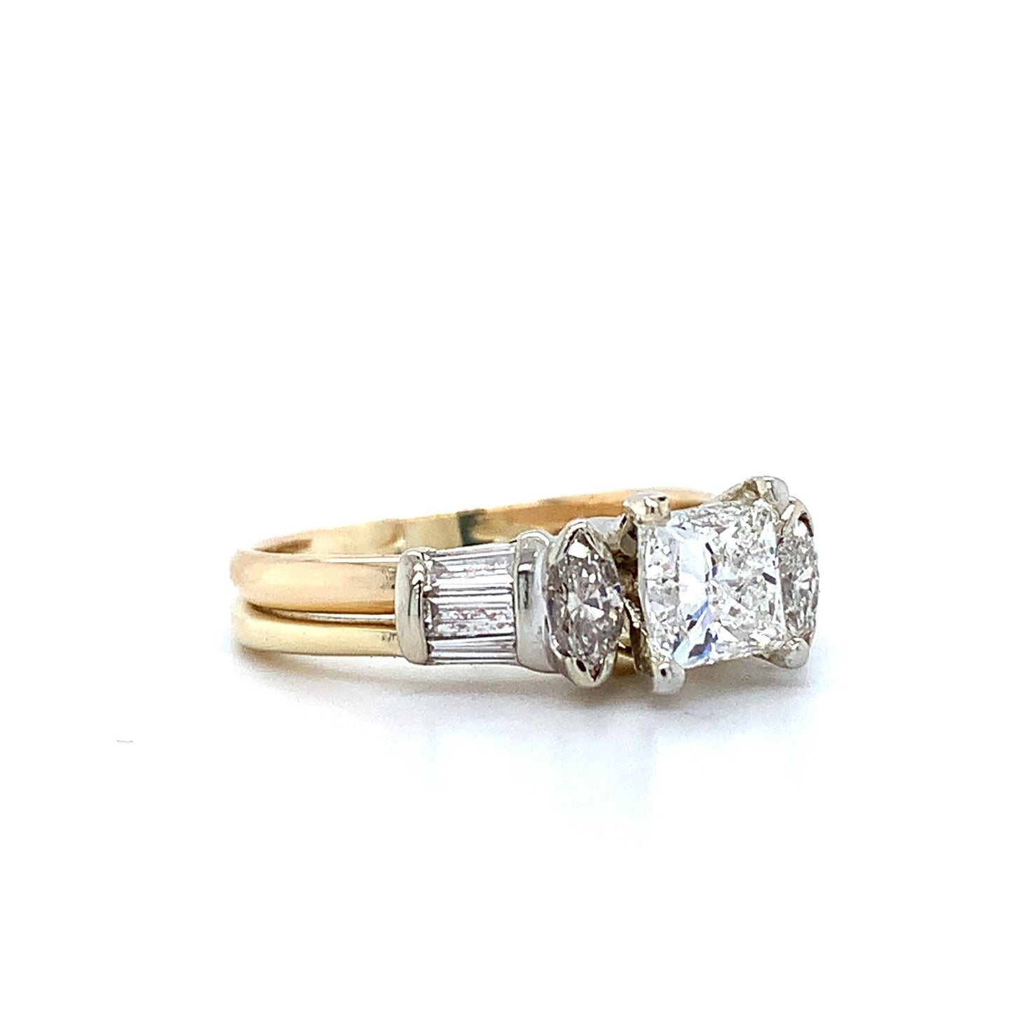 0.97ct Square Modified Brilliant Diamond Three-Stone Ring — GIA Certified, 14k Yellow Gold