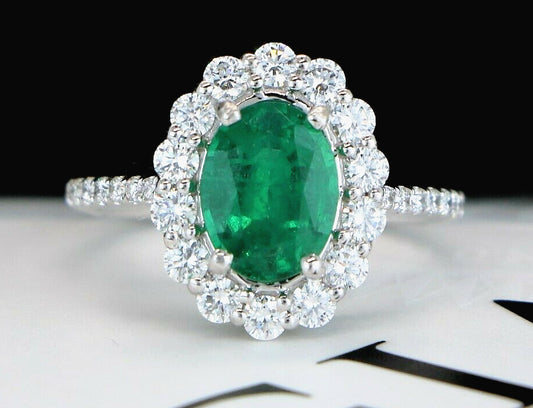 1.60ct Oval Emerald with Diamond Halo Ring — GIA Certified, 18k White Gold
