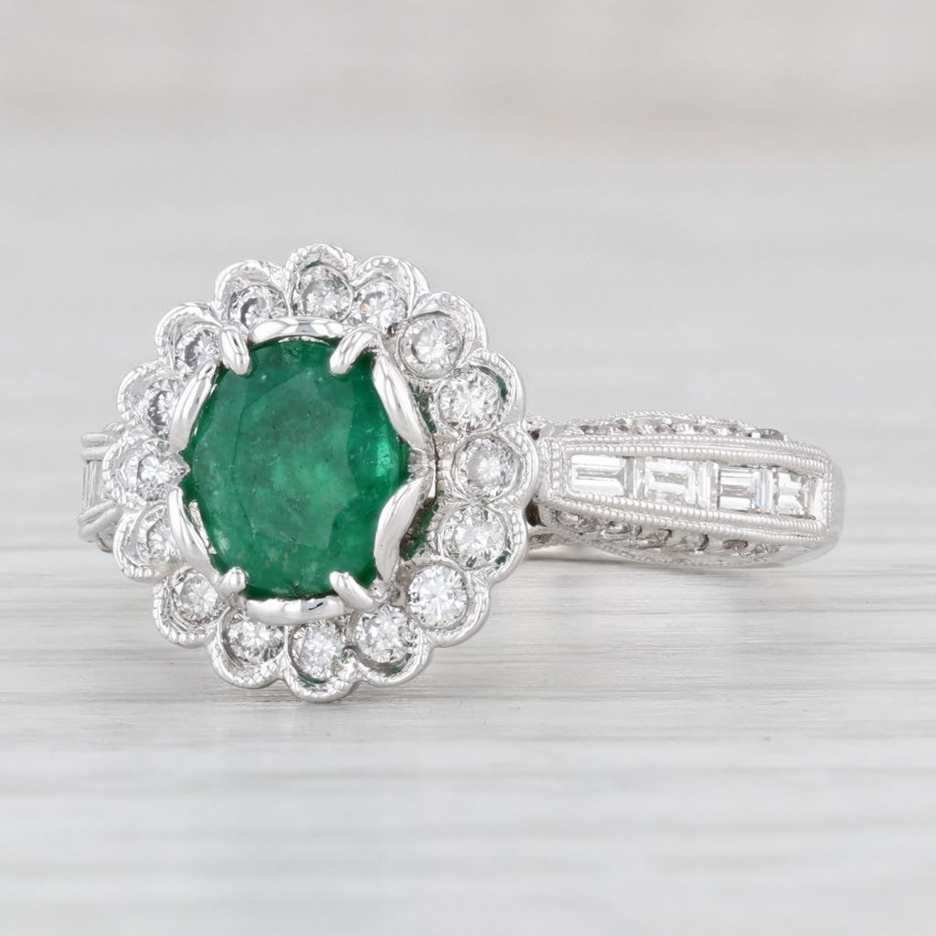 1.12ct Oval Emerald Diamond Halo Engagement Ring — GIA Certified, 18k White Gold