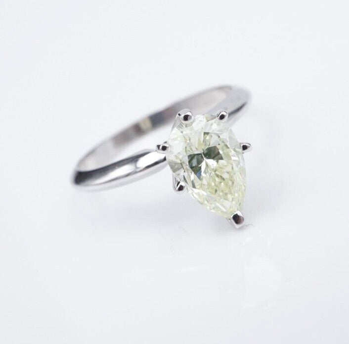 1.57ct Pear Brilliant Light Greenish Yellow Diamond Solitaire Ring — GIA Certified, 14k White Gold