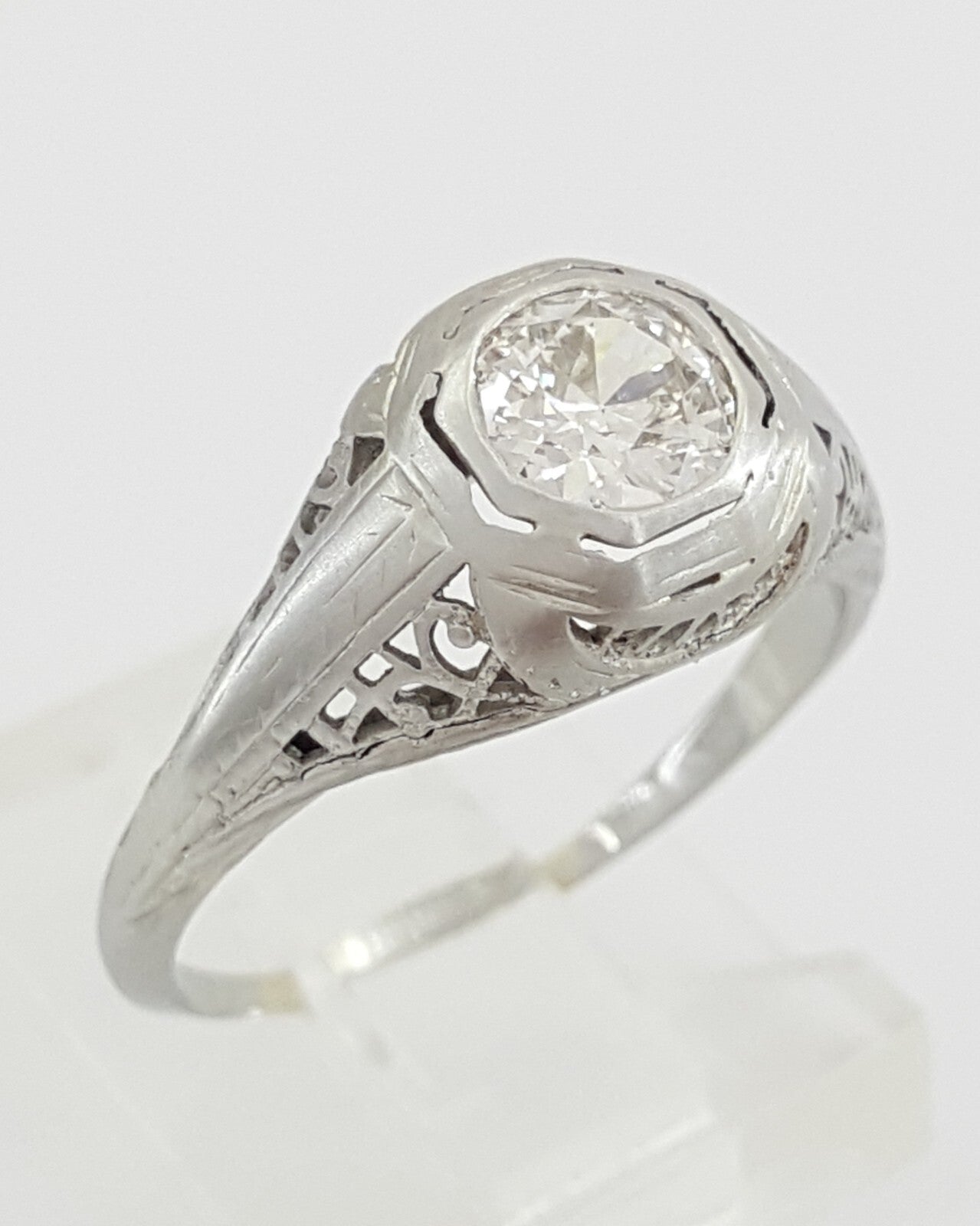0.51ct Round Brilliant Diamond Art Deco Ring — GIA Certified, 18k White Gold