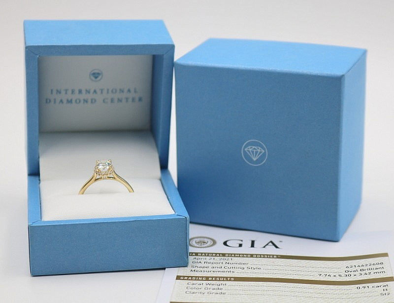 0.91ct Oval Brilliant Diamond Halo Engagement Ring — GIA Certified, 14k Yellow Gold