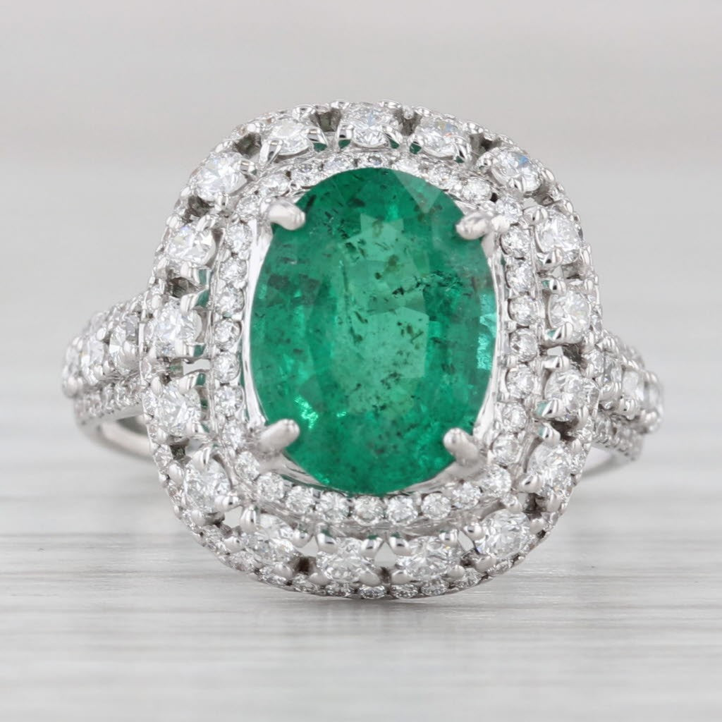 2.38ct Oval Emerald Diamond Halo Ring — GIA Certified, 18k White Gold