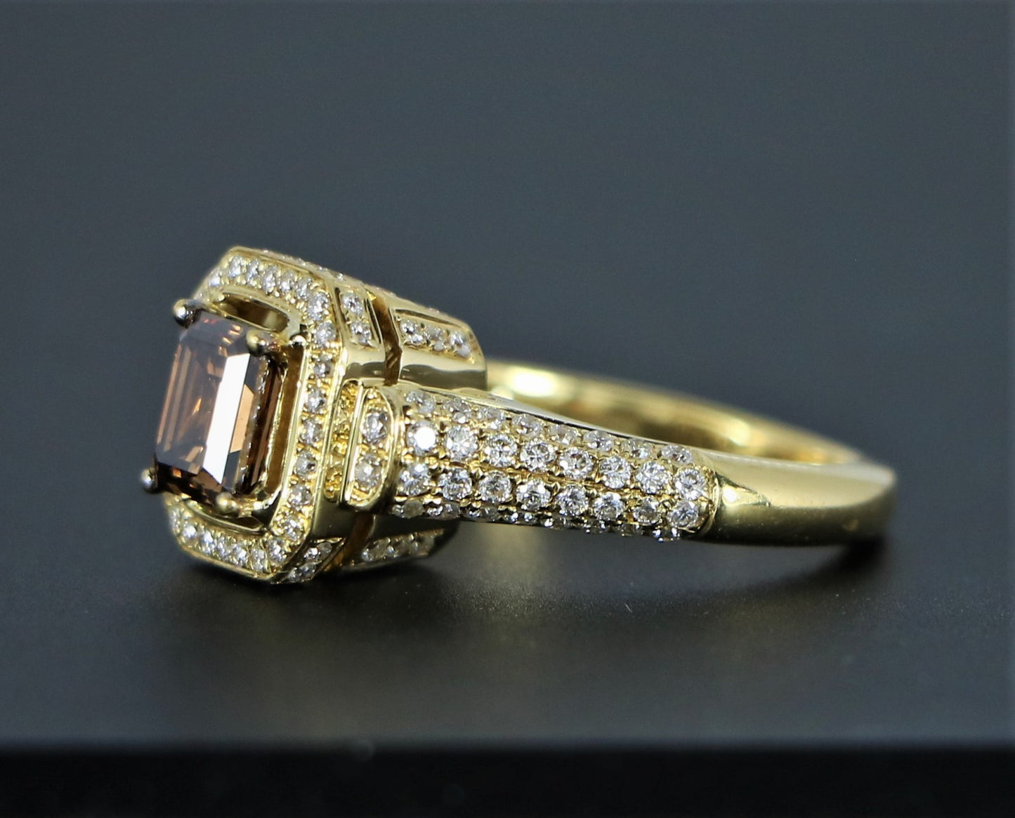 1.14ct Emerald Cut Fancy Dark Orangy Brown Diamond Engagement Ring — GIA Certified, 18k Yellow Gold