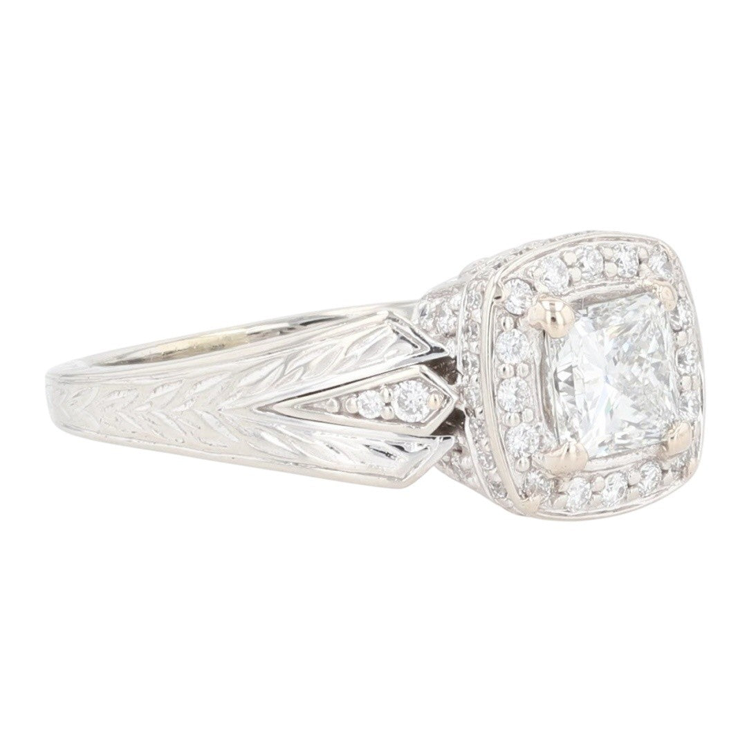 0.91ct Square Modified Brilliant Diamond Halo Engagement Ring — GIA Certified, 14k White Gold
