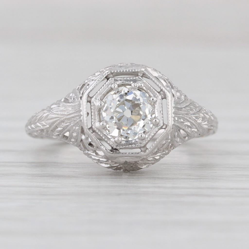 0.67ct Old European Brilliant Diamond Art Deco Ring — GIA Certified, 18k White Gold