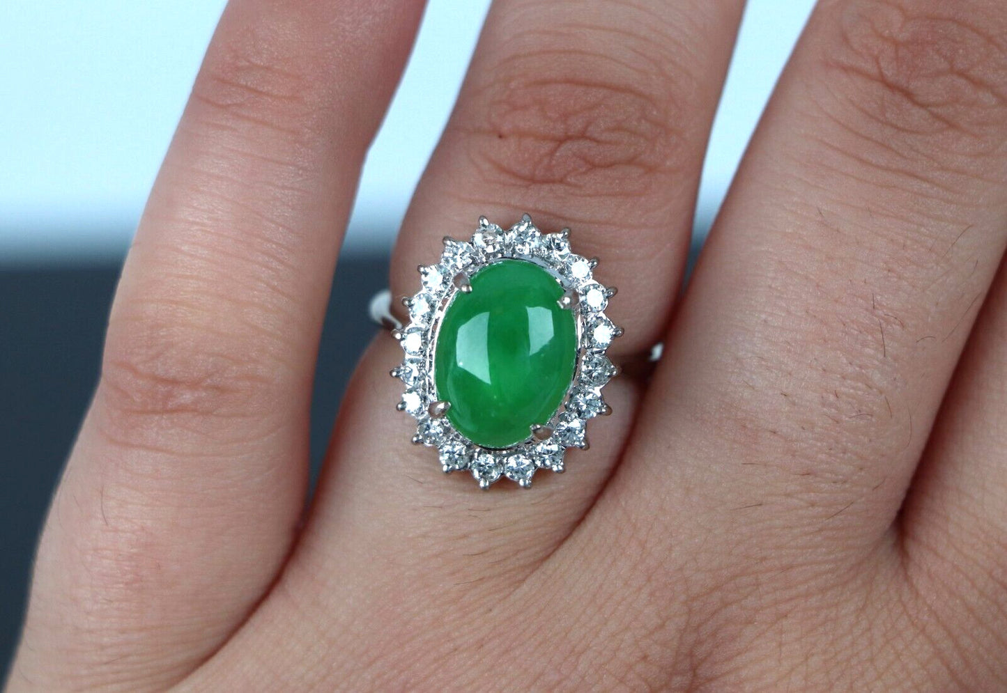 Natural Green Jade Jadeite Diamond Halo Cocktail Ring — GIA Certified, 16k White Gold