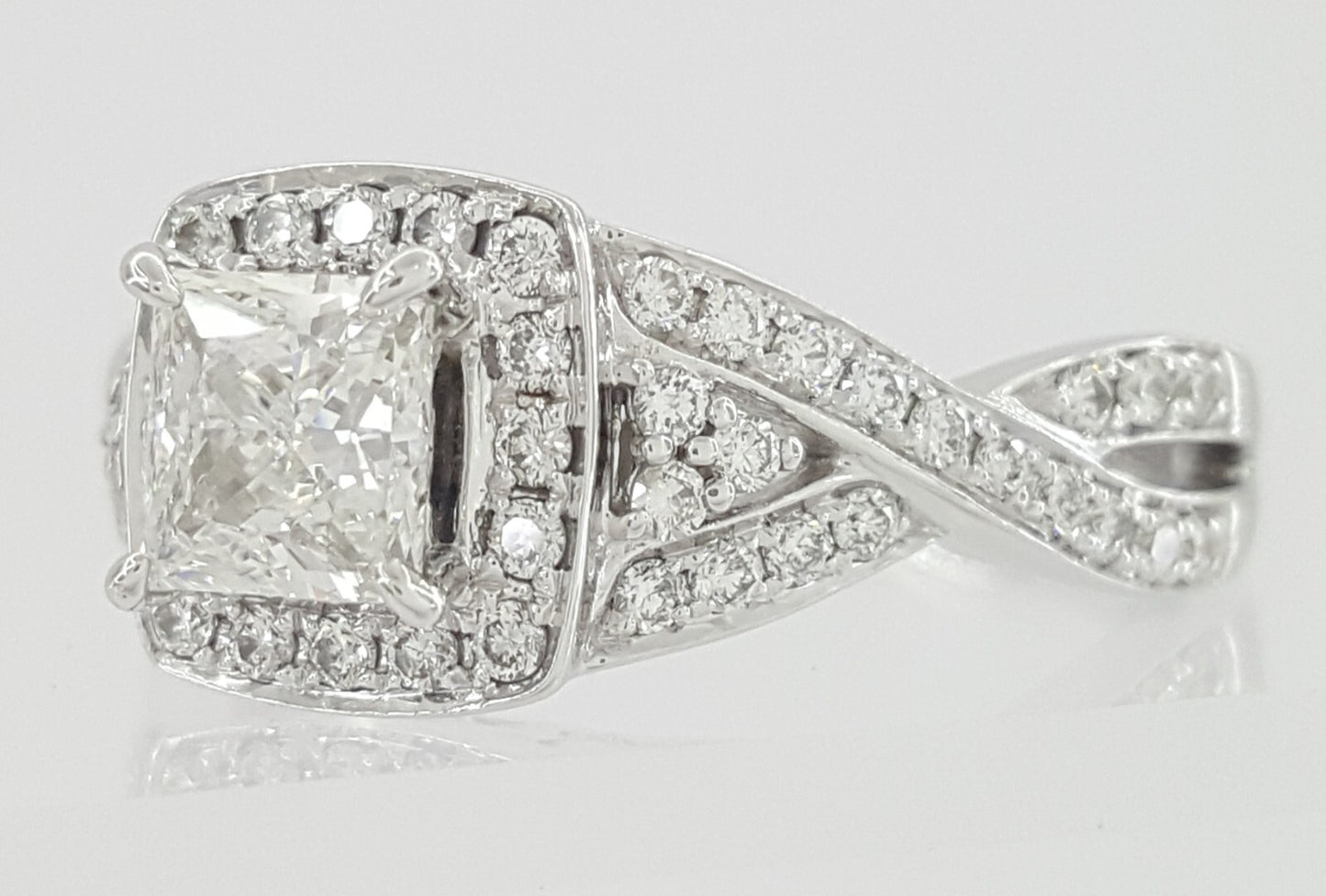 0.70ct Square Modified Brilliant Diamond Crossover Halo Ring — GIA Certified, 14k White Gold