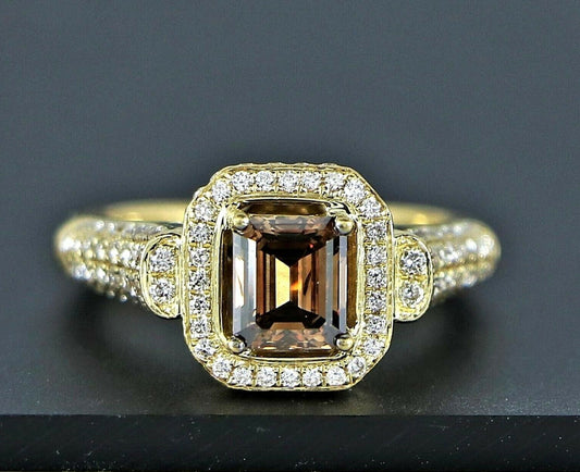 1.14ct Emerald Cut Fancy Dark Orangy Brown Diamond Engagement Ring — GIA Certified, 18k Yellow Gold