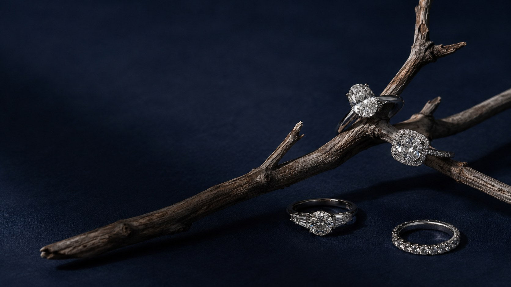 Estate diamond rings resting on a weathered branch